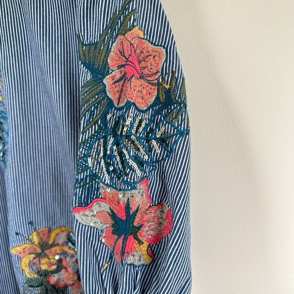 Zara Floral Embroidered Denim Striped Balloon Puff Sleeve Top SMALL - Picture 8 of 13